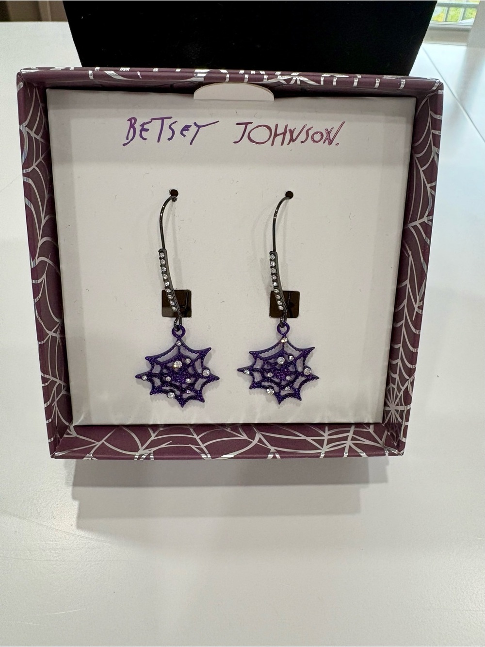 Betsey Johnson Purple Glitter Spider Web Dangle Earrings NWT